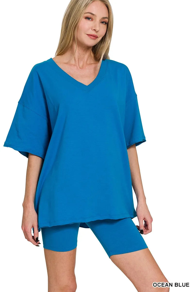 Cotton V-neck Top & Biker Shorts Set