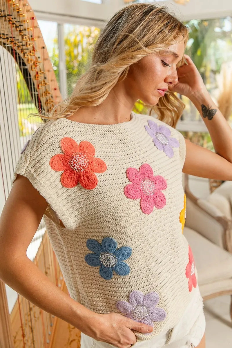 Multi Jeweled Crochet Flower Patch Sweater Vest