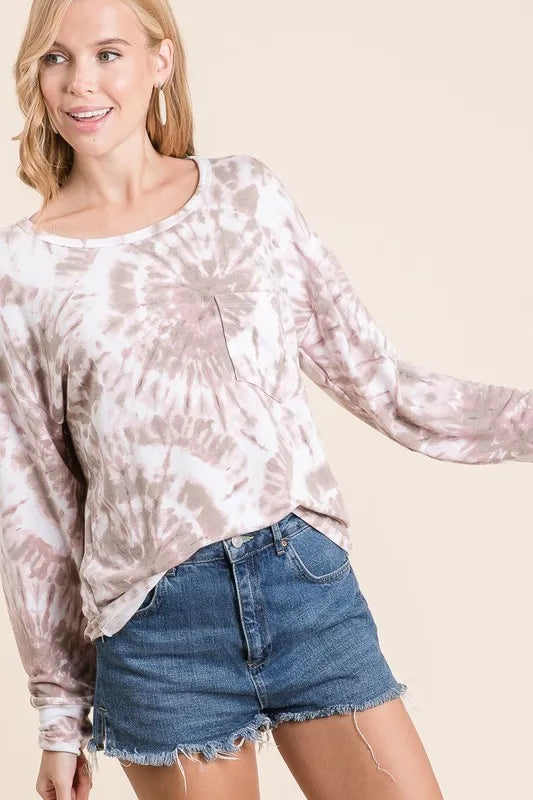 Tie Dye Print Terry Top with Front Patch Pocket