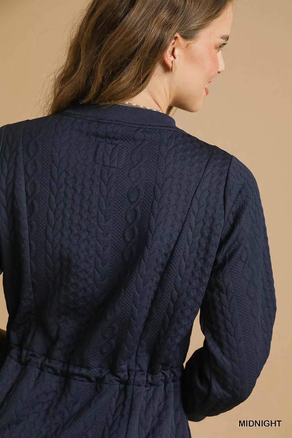 Drawstring Cable Knit Mini Dress with Pockets