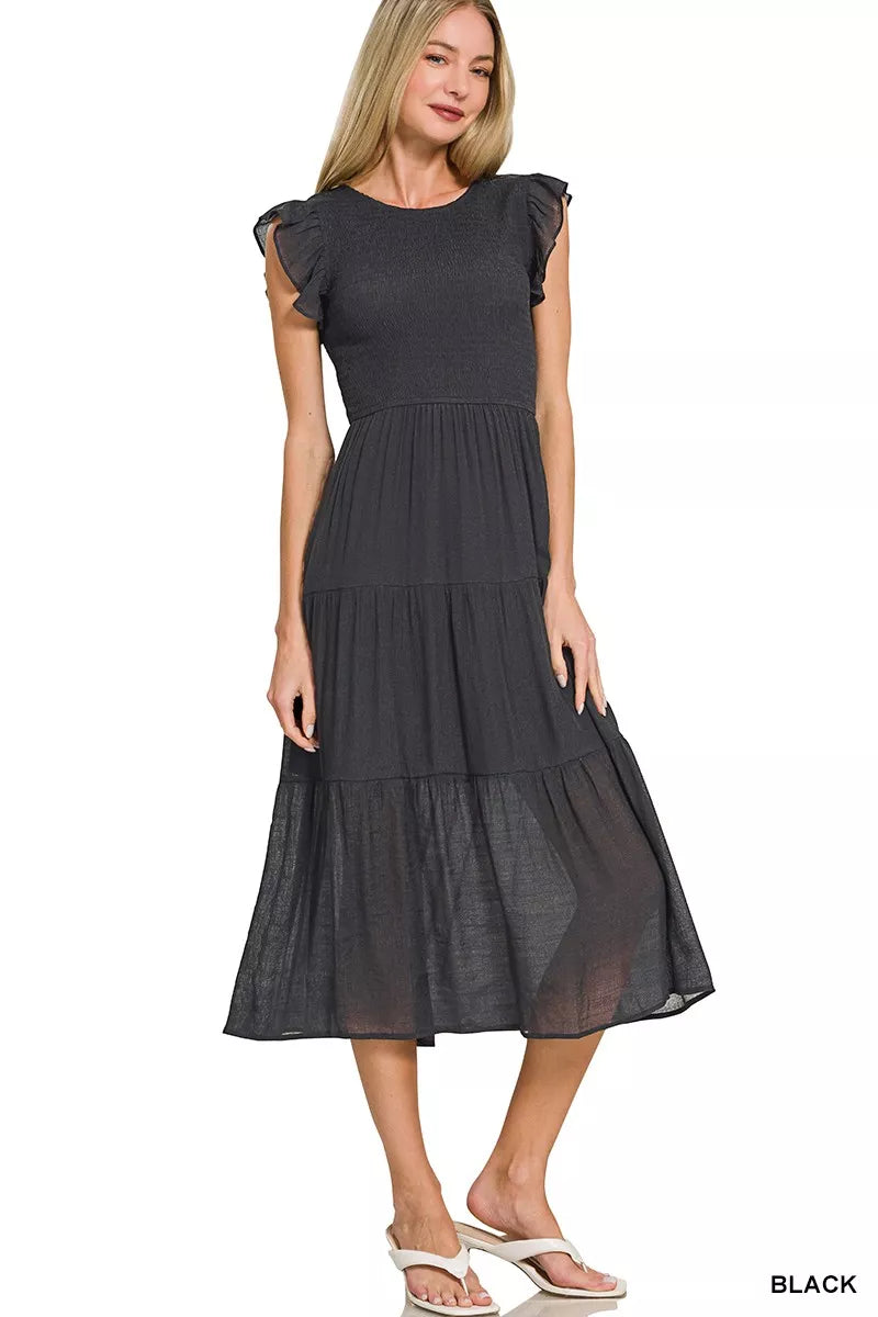 Woven Smocked Ruffle Sleeve Midi Dress