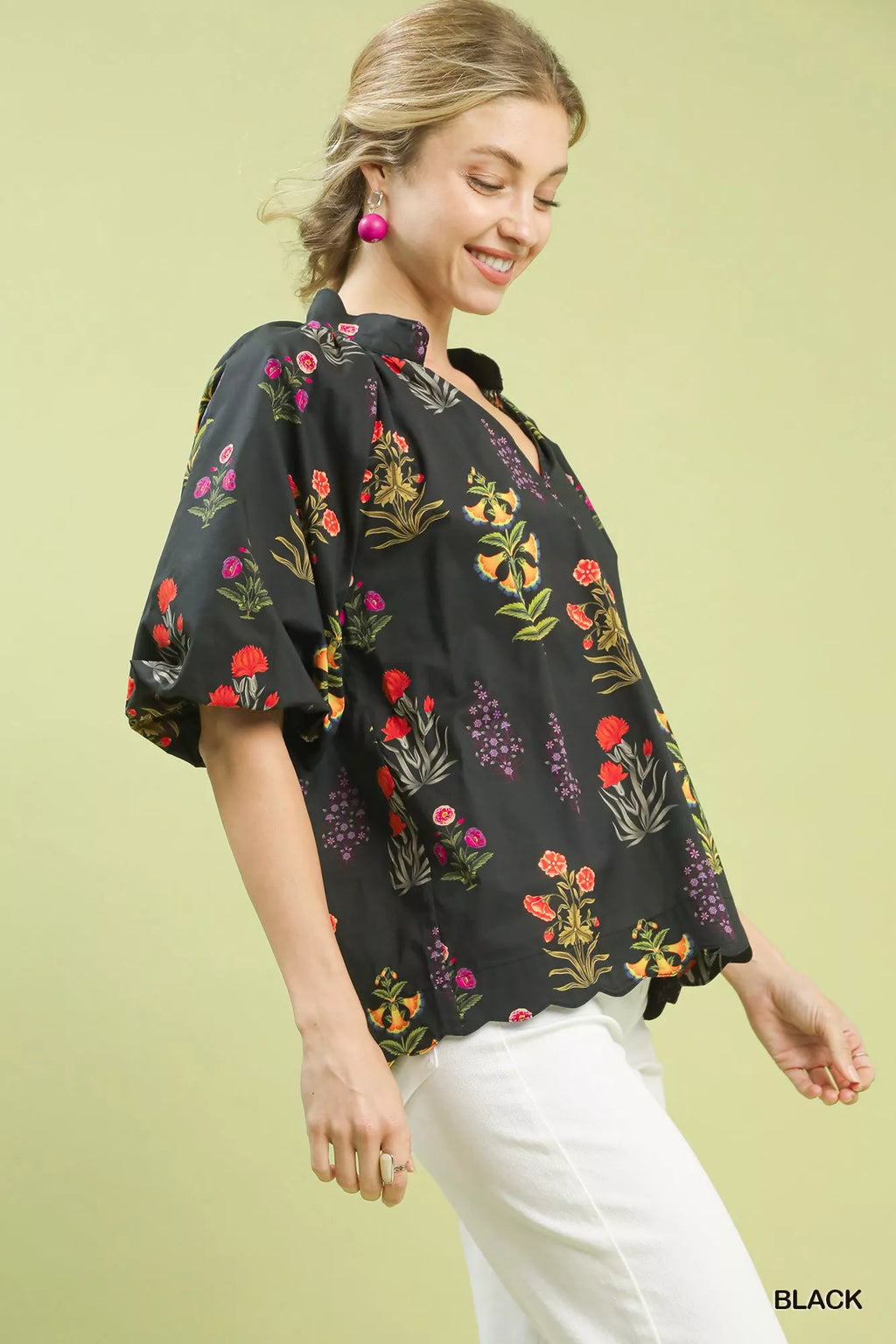Floral Print Puff Sleeve Scallop Hem Blouse