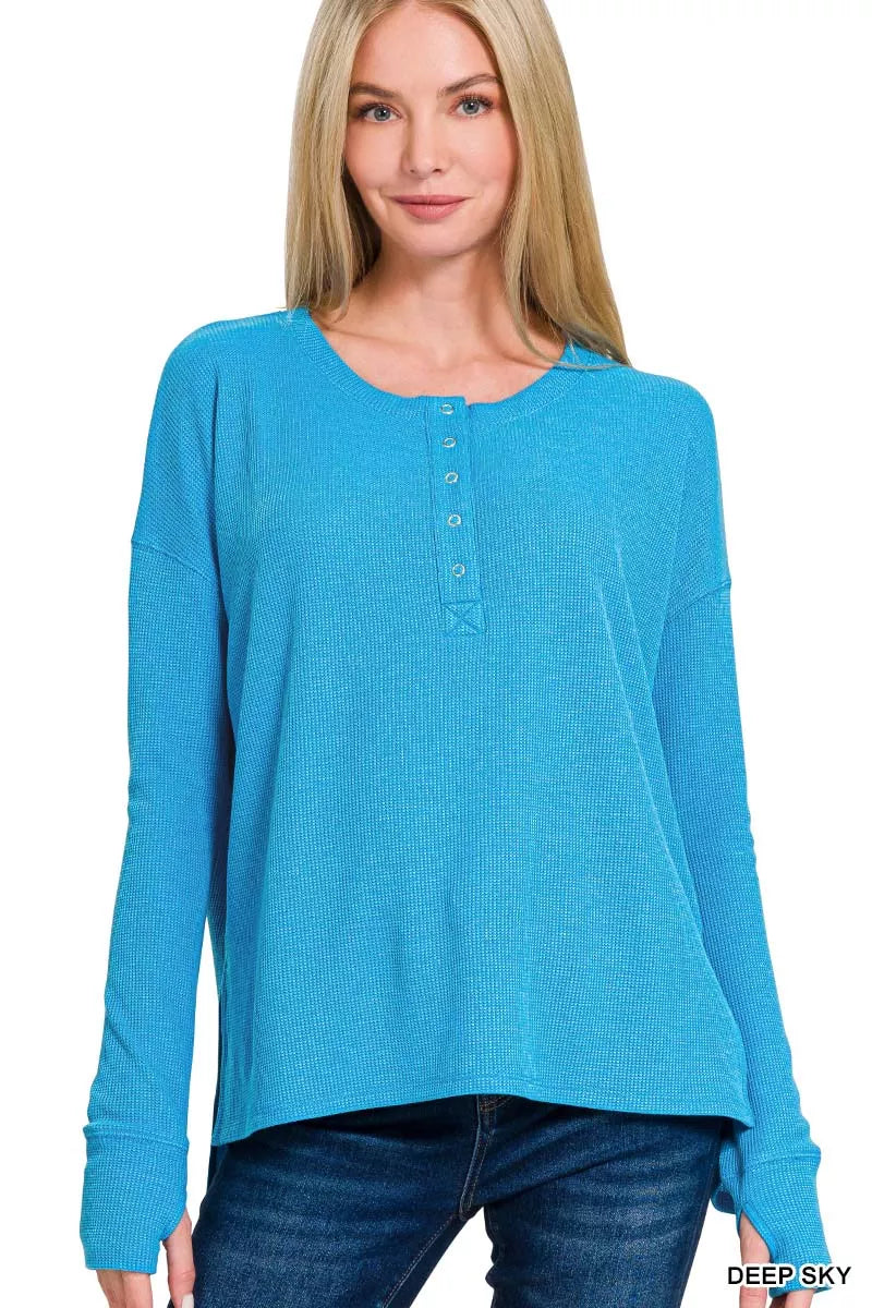 Waffle Thumb Hole Cuffs Henley Tee