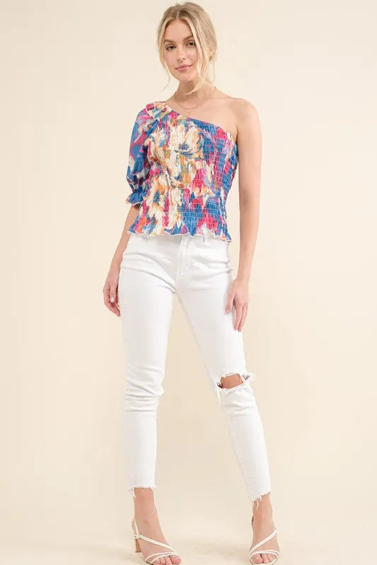 Allover Floral Print Smocked One Shoulder Blouse