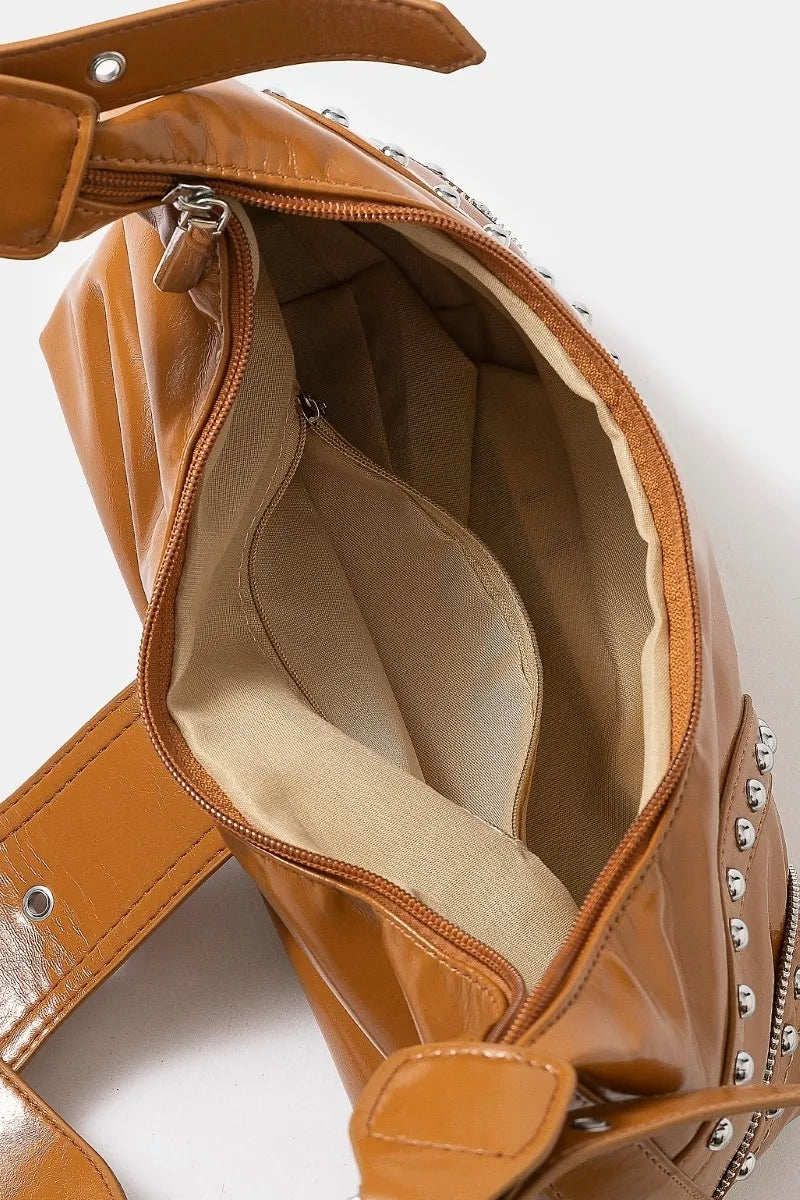 Faux Leather Studded Trim Shoulder Bag