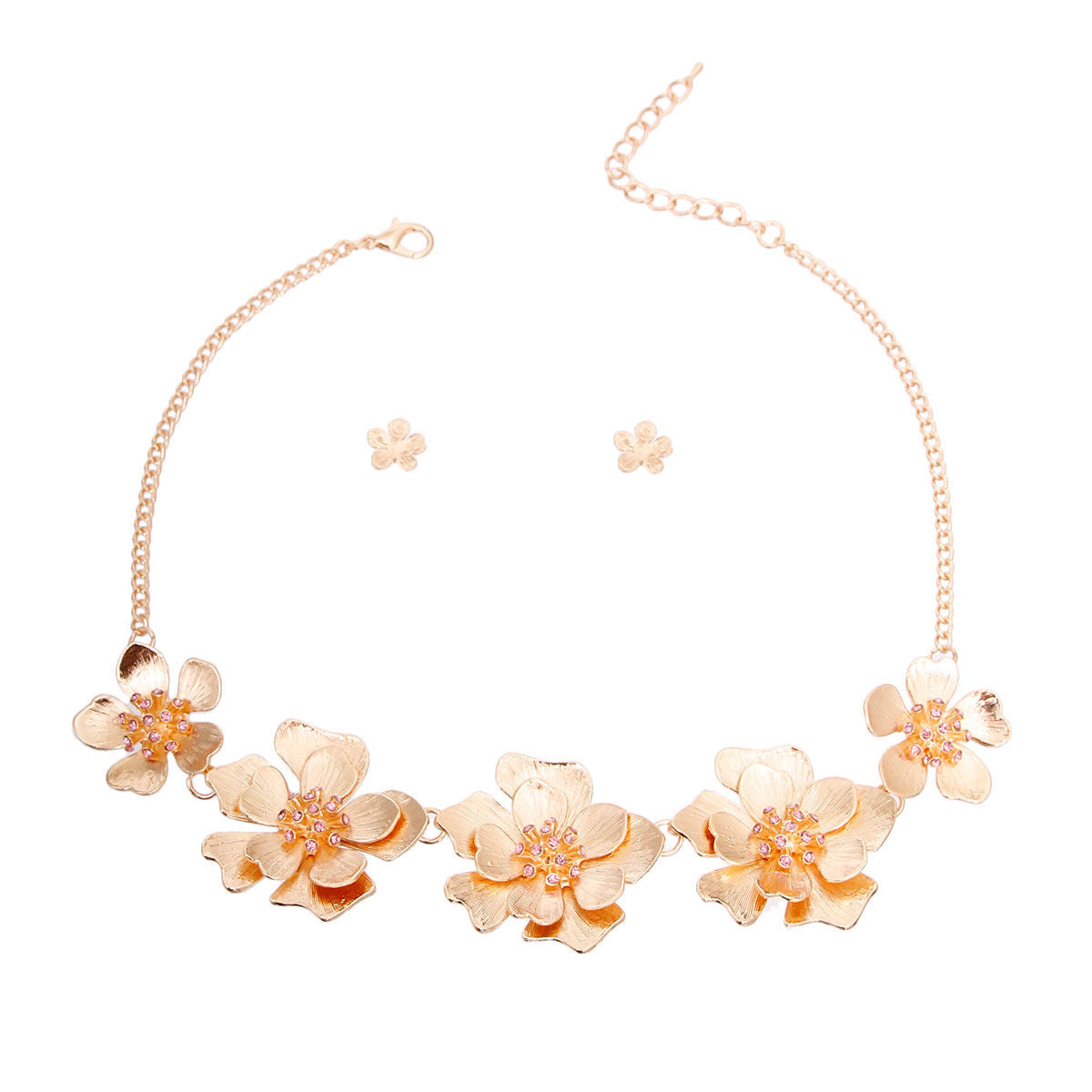 Statement Collar Necklace with Gold Metal and Pink Flower Detail