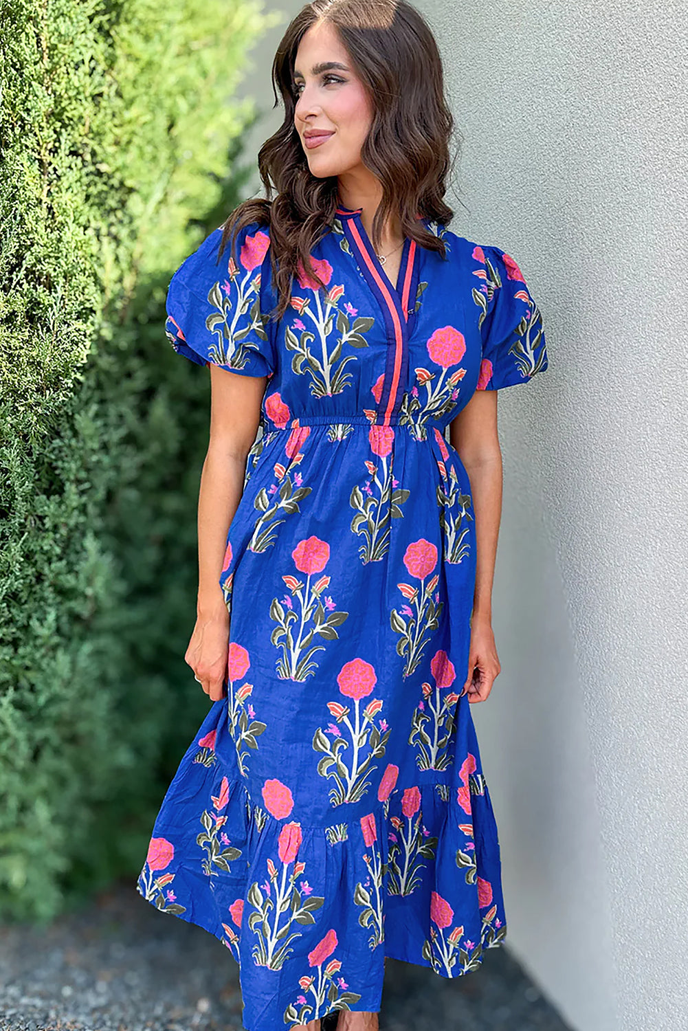 Sky Blue Floral Puff Short Sleeve V Neck High Waist Maxi Dress
