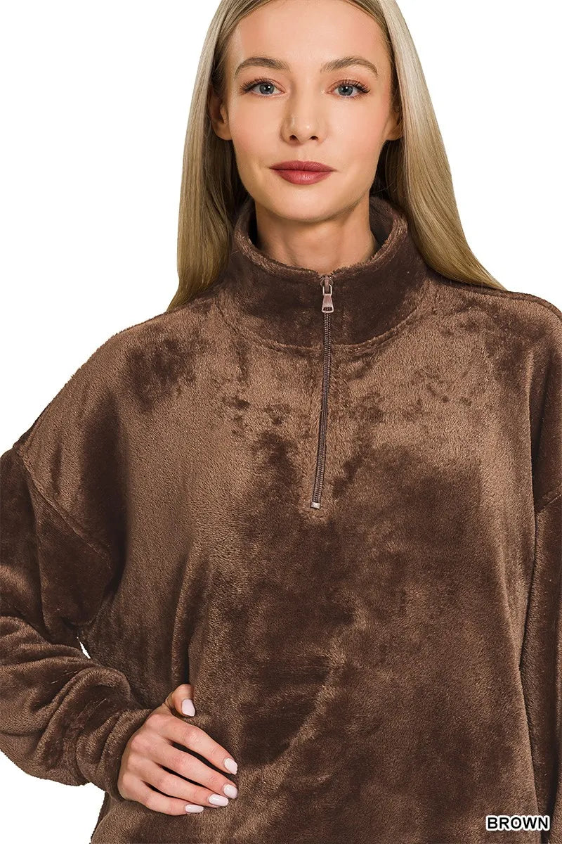 Faux Fur Half Zip Pocket Pullover