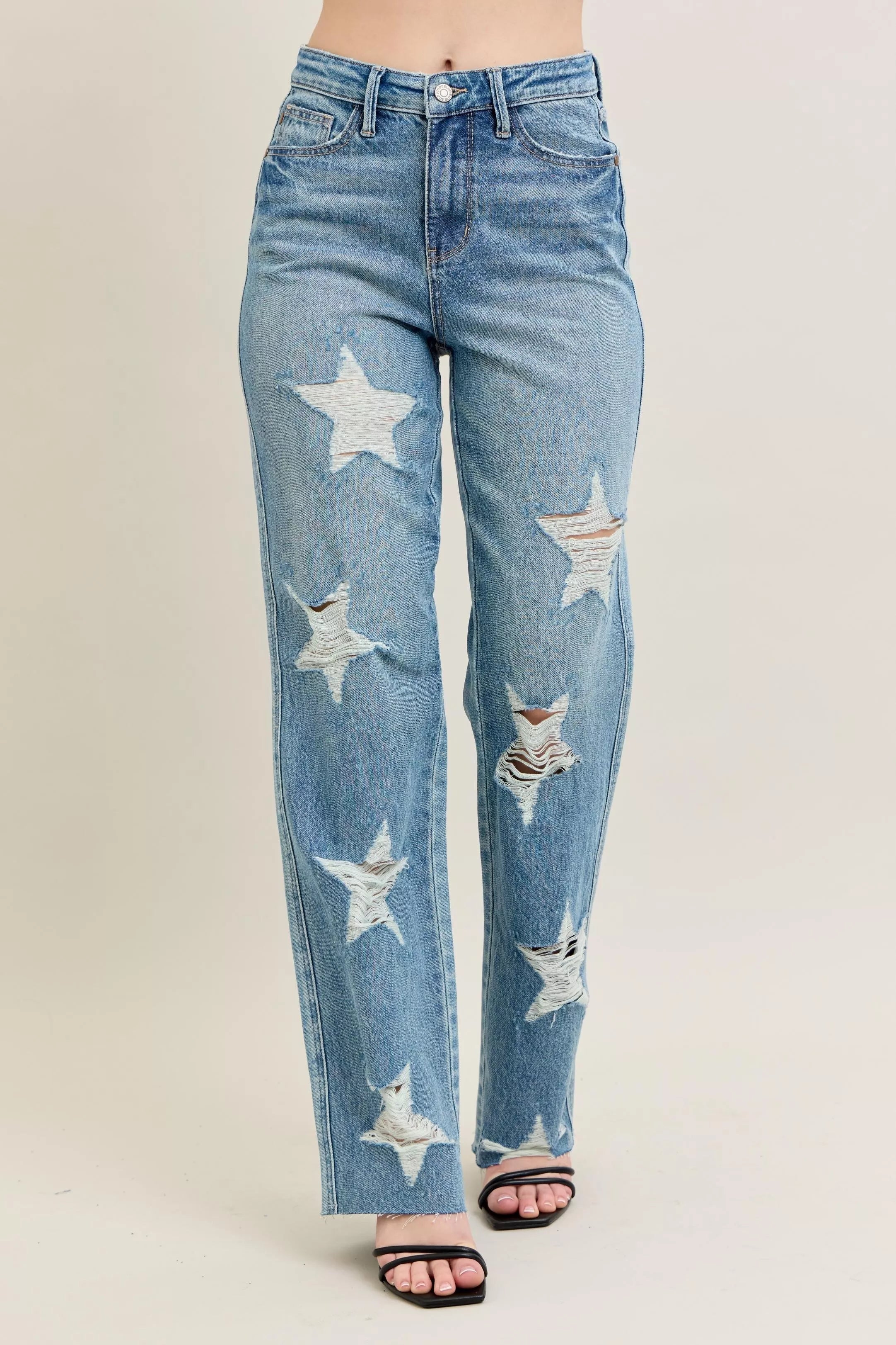 Full Size High Waist Rigid Magic Star Shaped Destroy 90's Straight Jeans Plus Size