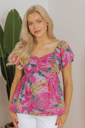 Purple Floral Print Sweetheart Neck Flutter Sleeve Blouse