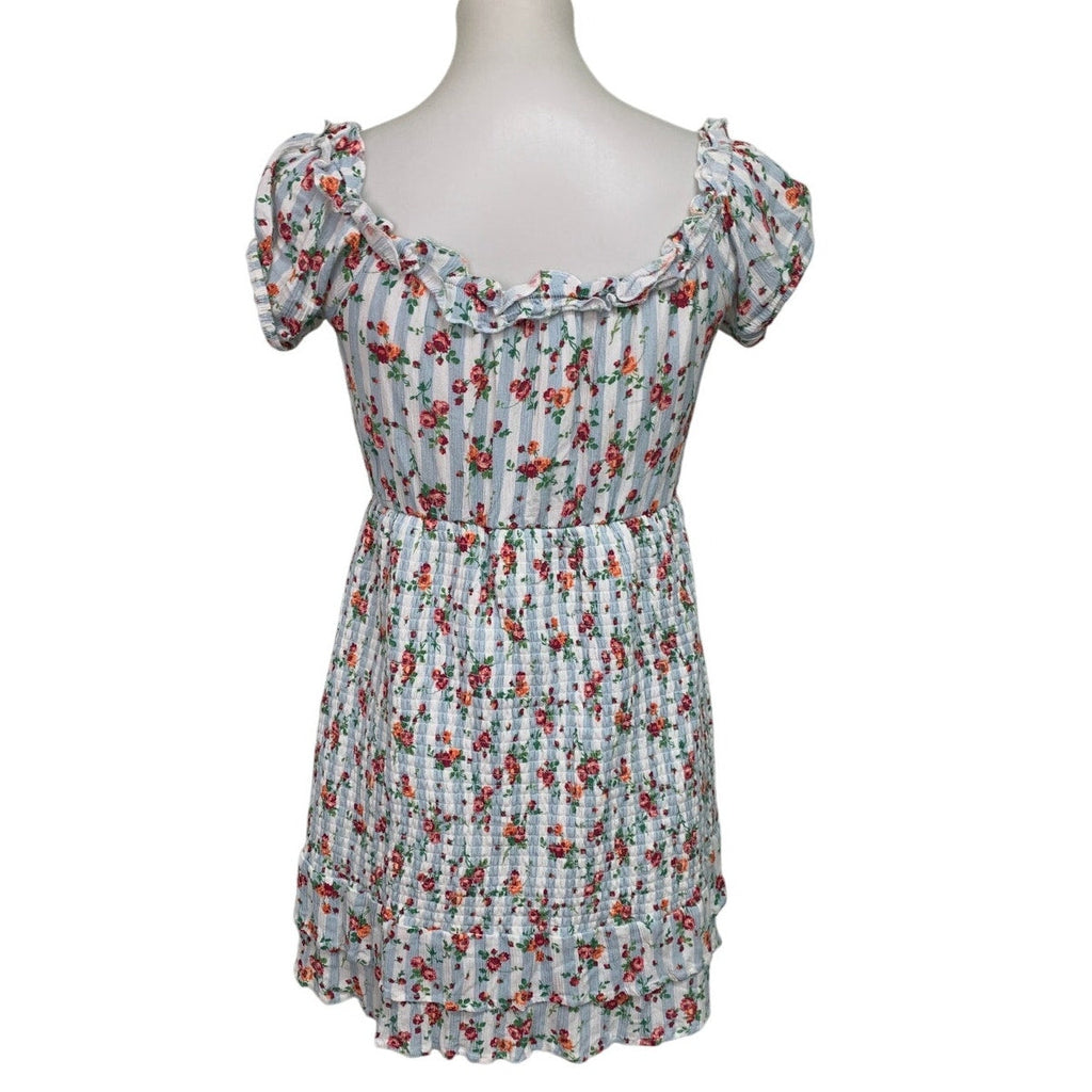 Peach Love California Womens Medium Striped Floral Short Sleeve Smocked Dress