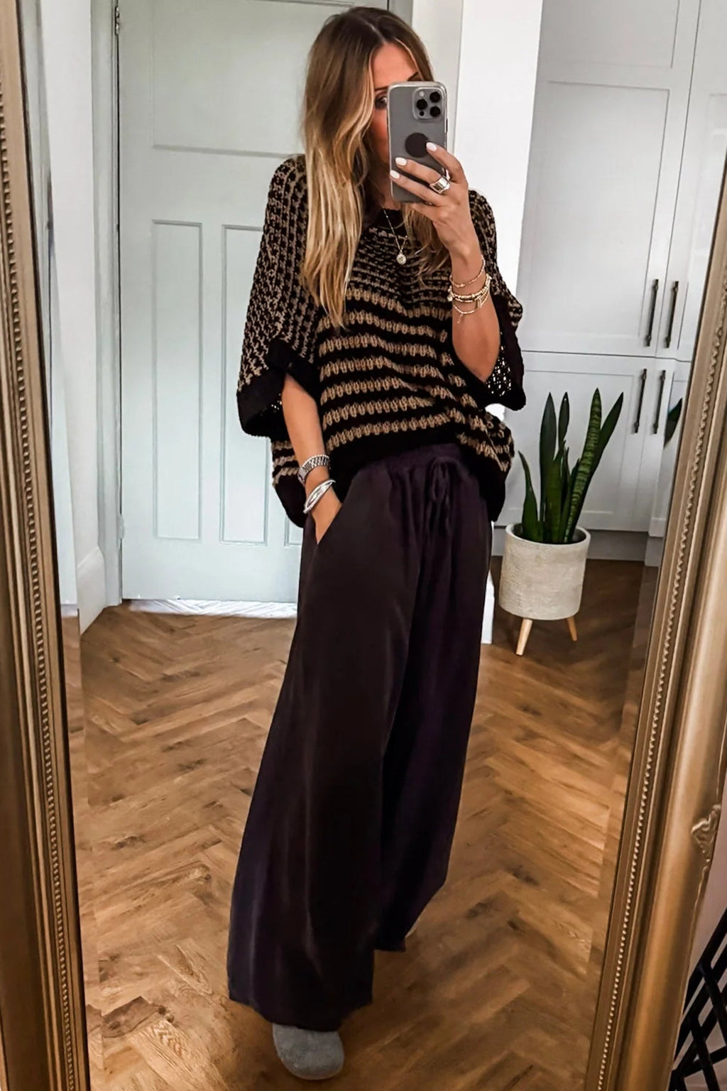 Black Stripe 3/4 Draped Sleeve Slouchy Sweater