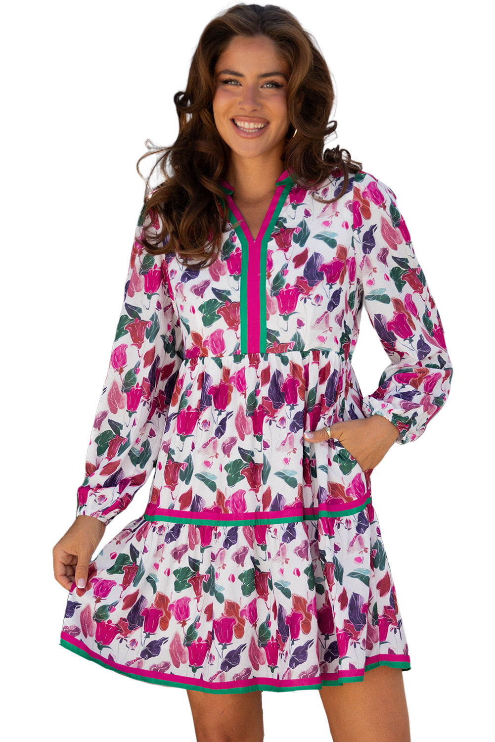 Purple Floral Print Contrast Striped Detail Long Sleeve Mini Dress