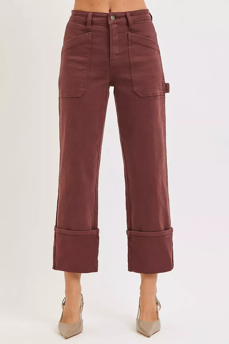 Full Size High Rise Wide Straight Cuffed Patch Jeans Plus Size