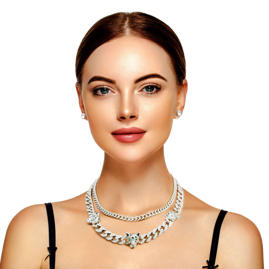 Statement Leopard Print Cuban Chain Set Silver Iced Stylish Jewelry