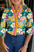 Green Floral Print Contrast Trim Frilled V Neck 3/4 Sleeve Blouse
