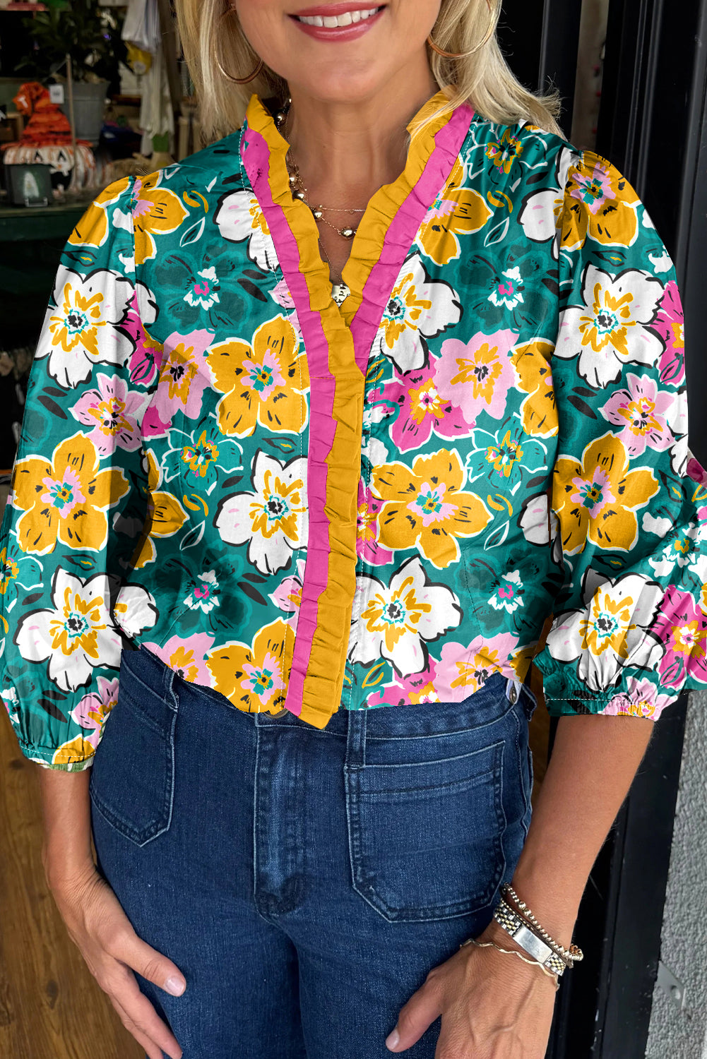 Green Floral Print Contrast Trim Frilled V Neck 3/4 Sleeve Blouse