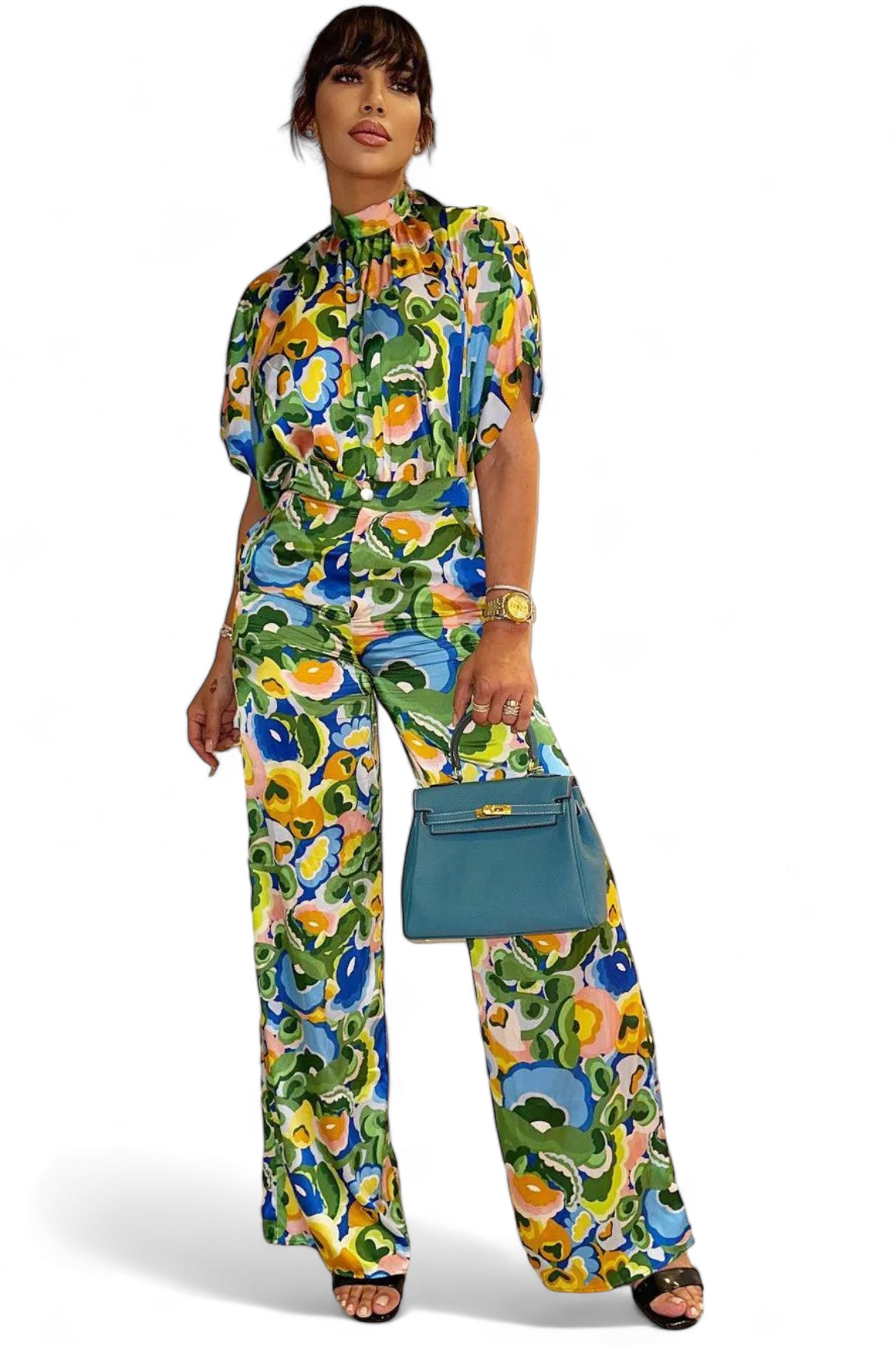 2 PC Mock Neck Short Sleeve High Waisted Wide Leg Set