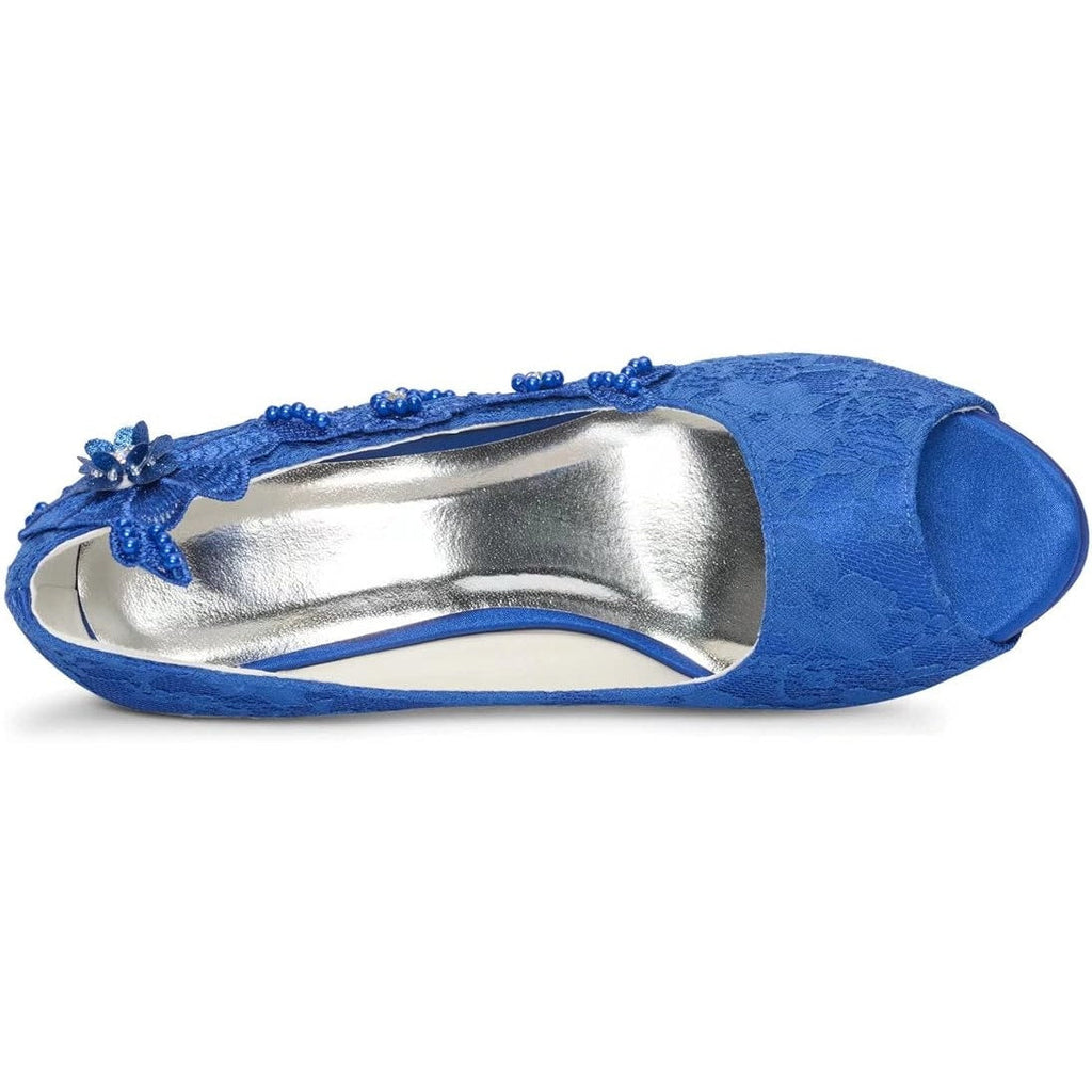 Emily Womens Size 9.5 Royal Blue Floral Lace Peep Toe 4" Heel Slip On Pump Shoes