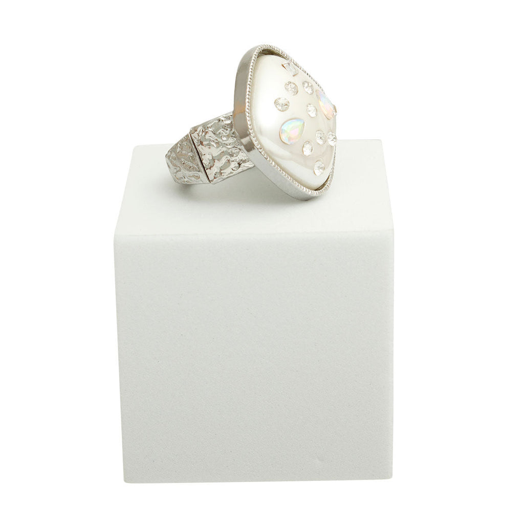 Statement Square Ring with Silver White Pearl, Stylish Fashion Jewelry