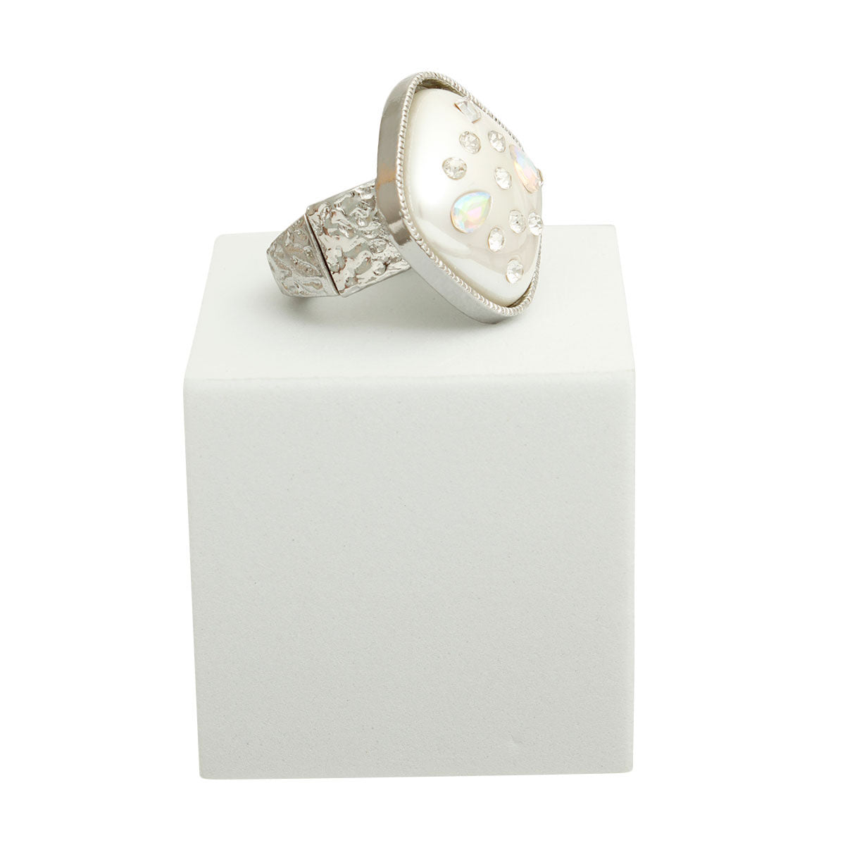 Statement Square Ring with Silver White Pearl, Stylish Fashion Jewelry