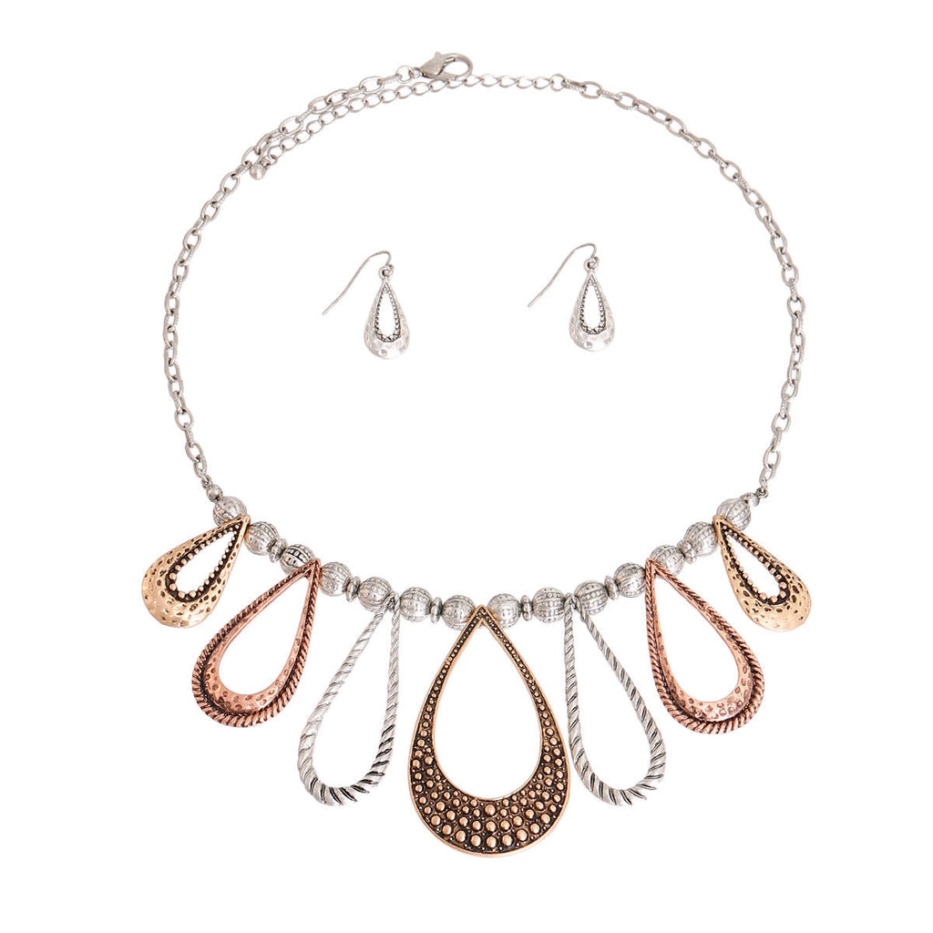 Statement Mixed Metal Burnished Teardrop Necklace Stylish Chic Jewelry Accessory