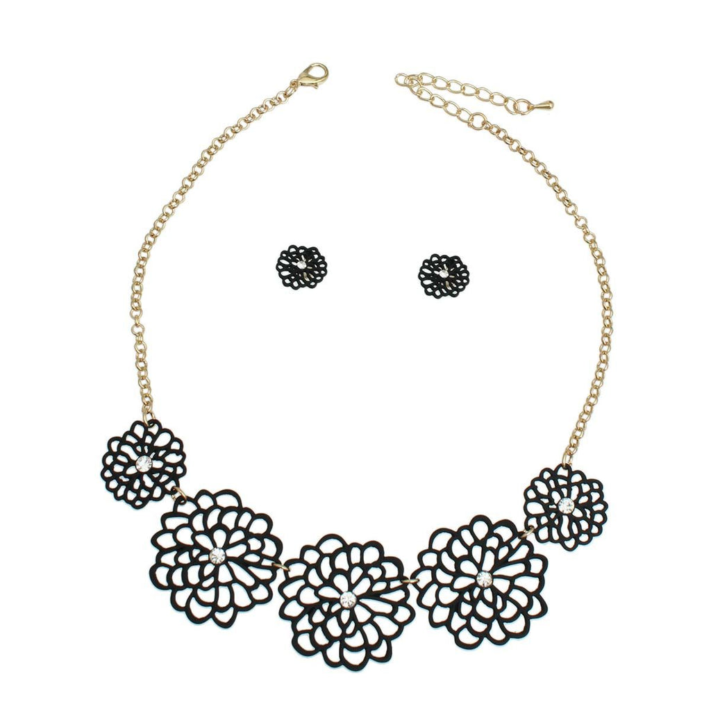 Statement Necklace Black Matte Metal Cut Out Flower Stylish Chic Jewelry