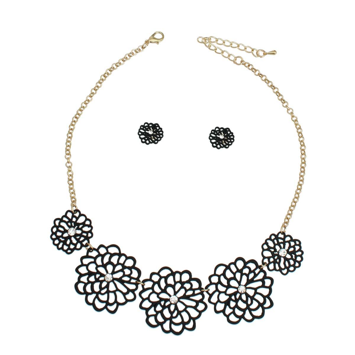Statement Necklace Black Matte Metal Cut Out Flower Stylish Chic Jewelry