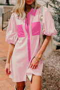 Rose Stripe Color Block Patchwork Shirt Collar Button Down Puff Sleeve Mini Dress
