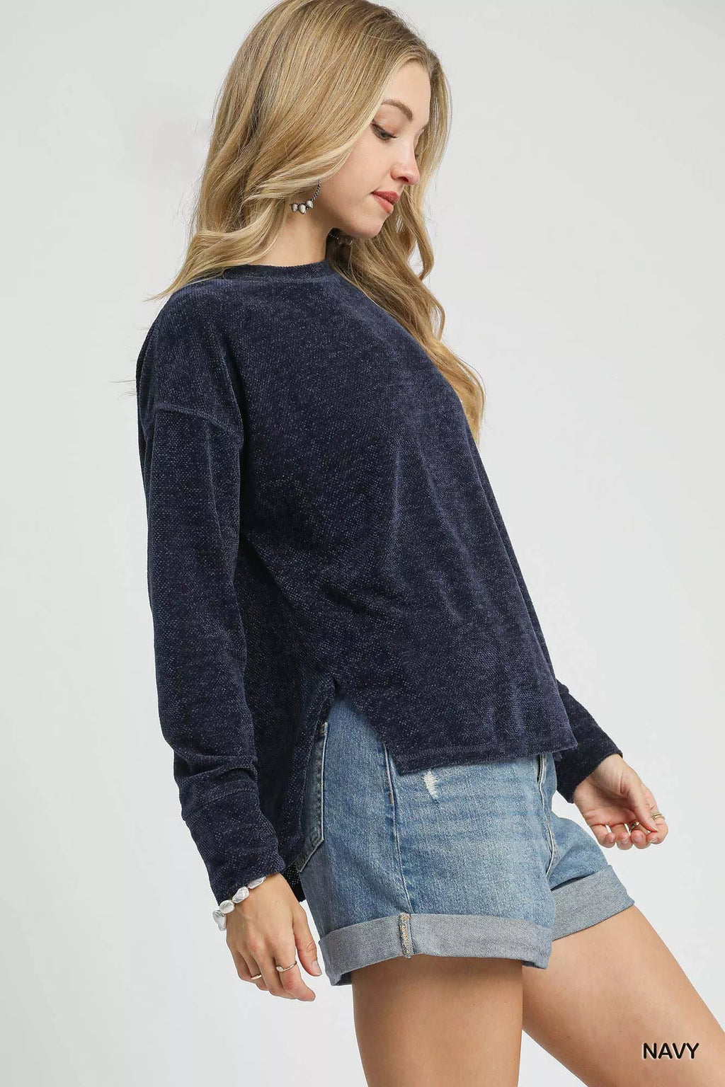 Round Neck Long Sleeve Side Slit Top
