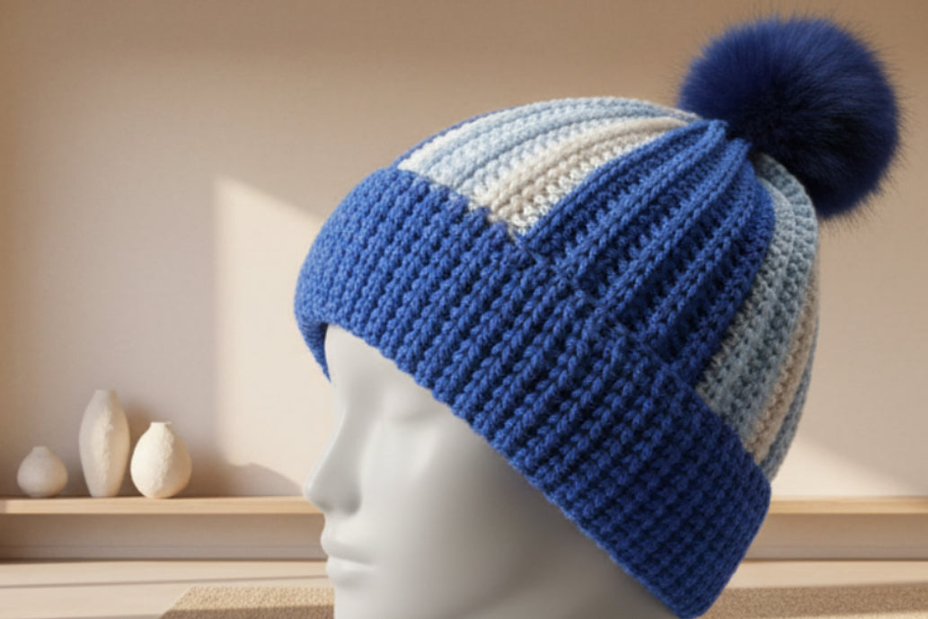Handmade crocheted beanie in shades of blue.
