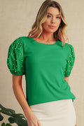 Bright Pink Pearl Beaded Puff Sleeve Ribbed Top