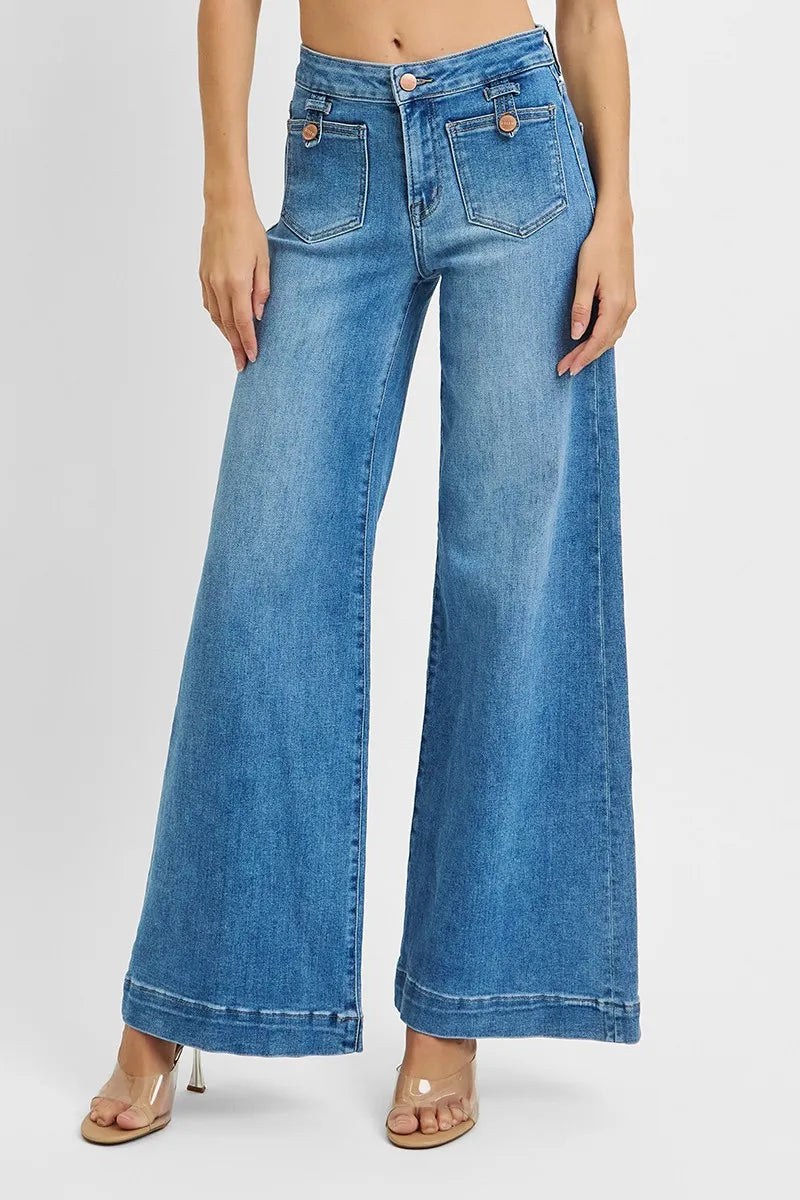 Full Size Mid Rise Wide Front Patch Pocket Jeans Plus Size