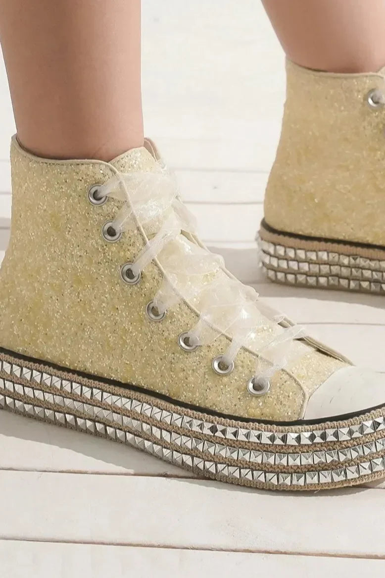 Fashion Glitter Lace-Up Studded Platform Sneakers