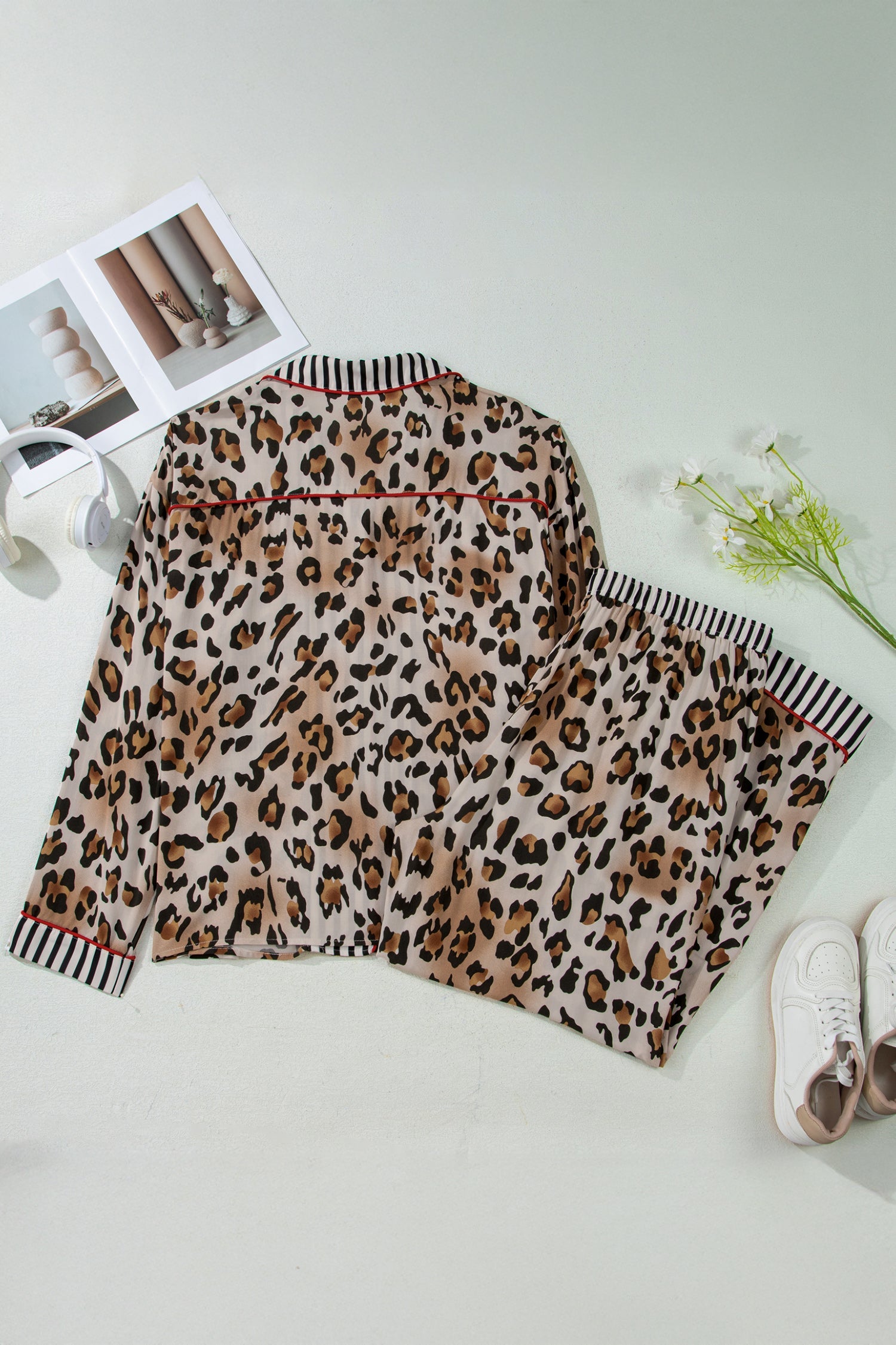 Khaki Plus Leopard Print Contrast Piping Striped Patchwork 2pcs Long Pajama Set