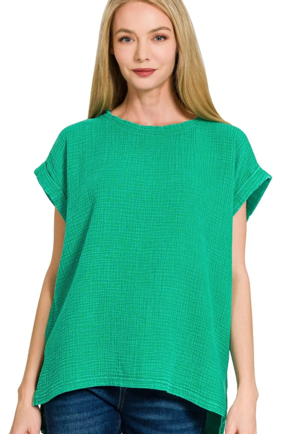 Woven Double Gauze Acid Washed Short Sleeve Top