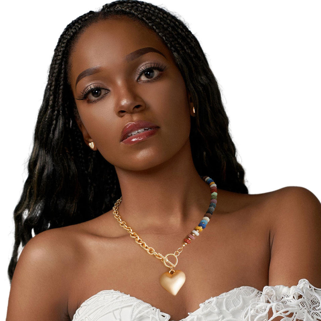 Statement Chunky Bead Heart Toggle Necklace Stylish Fashion Jewelry