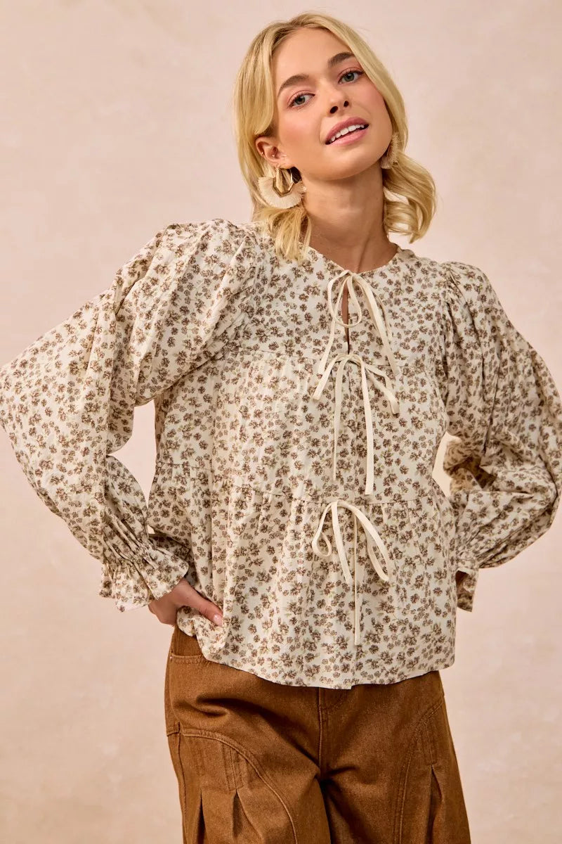 Floral Printed Peplum Blouse with Shirring and Tied