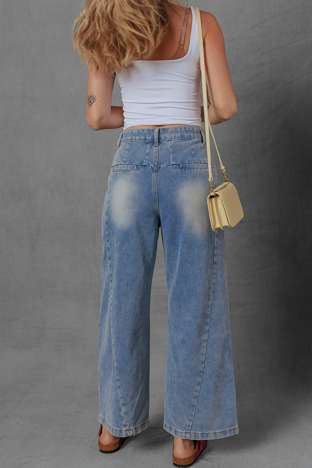 Washed Pleated Detail Wide Leg Jeans