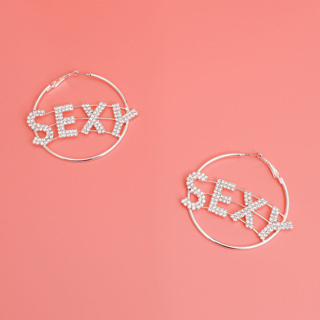 Rhinestone Hoop Earrings Silver Sexy Statement Jewelry