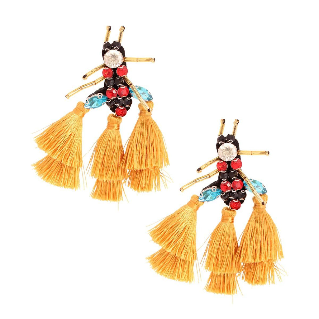 Statement Rhinestone Tassel Earrings with Mustard Bee Design