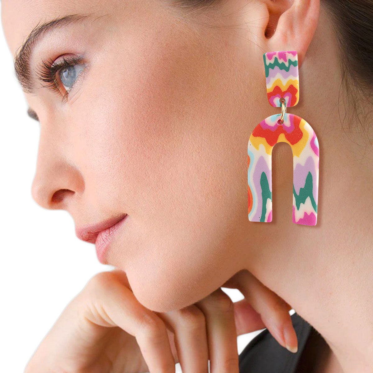 U Drop Earrings Rainbow Marbled Clay Stylish Statement Jewelry