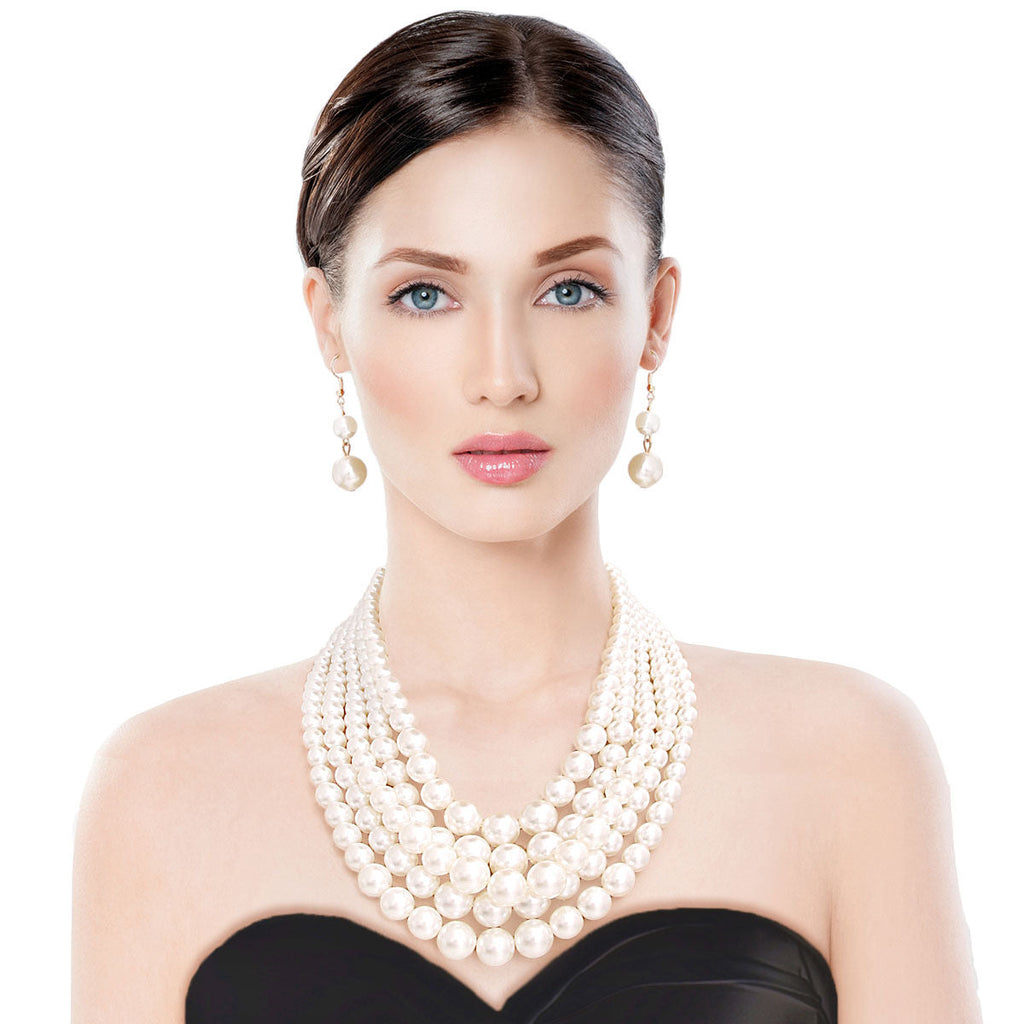 Multi Strand Cream Pearl Statement Necklace Set Chic Elegant Layered Jewelry