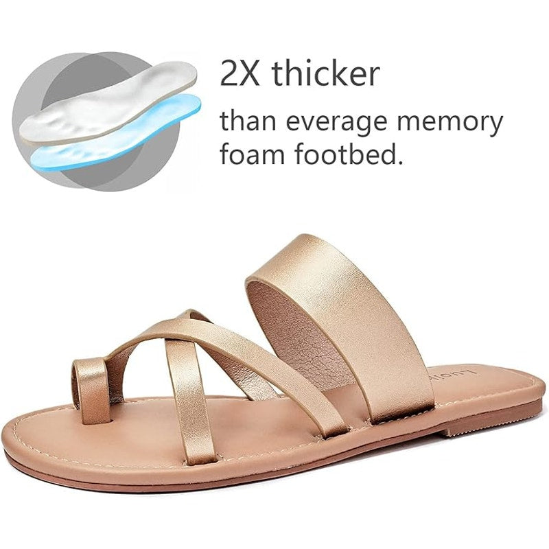 Luoika Womens 7.5W Gold Toe Strap Slide On Flats Sandals Flip Flop Shoes