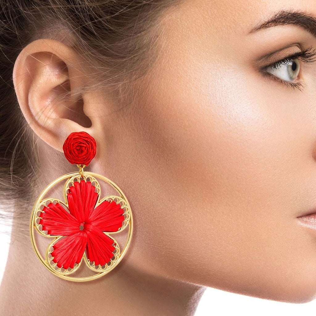 Round Red Raffia Flower Earrings – Stylish Statement Jewelry