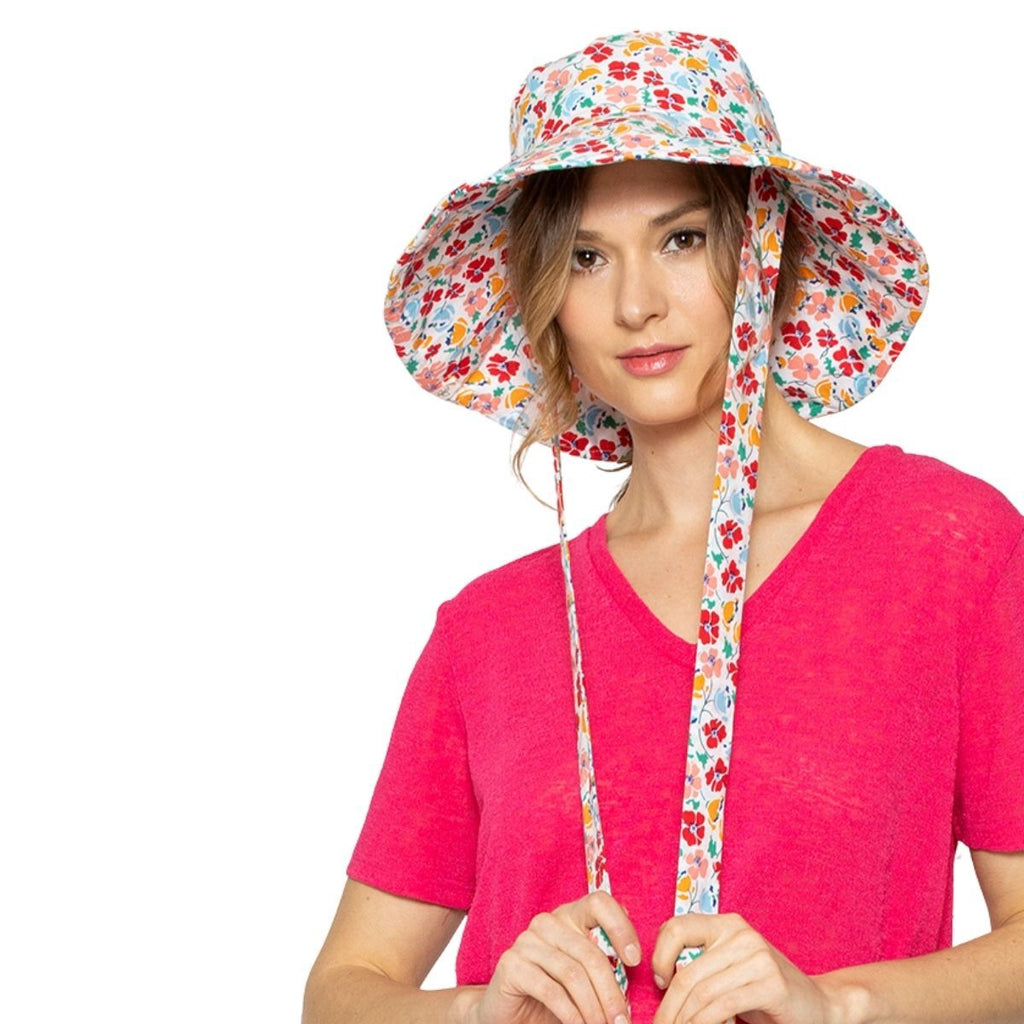 Bucket Hat with Red Floral Print and Chin Tie, Trendy Casual Accessory