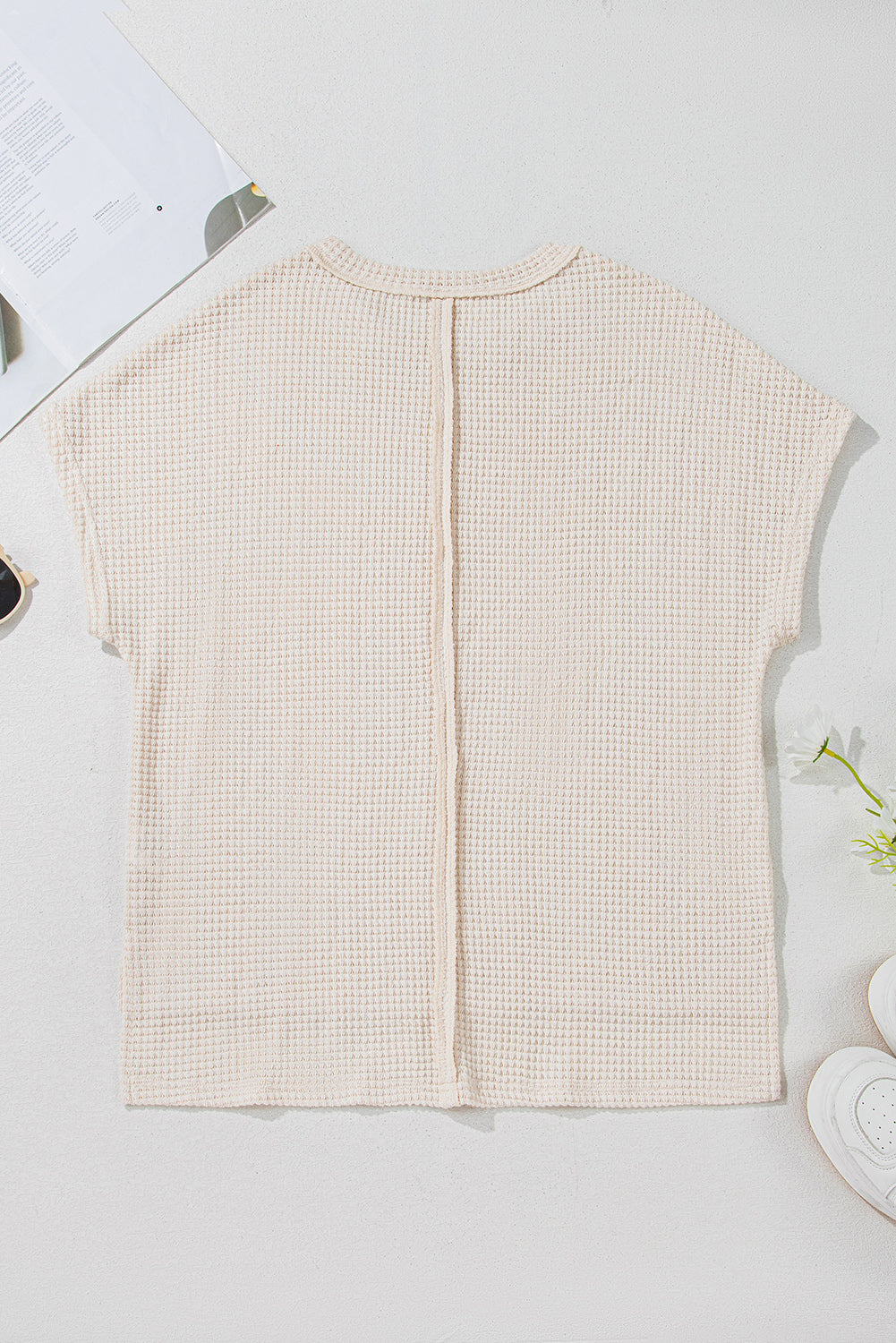 Pale Khaki Solid Color Textured Seamed Short Sleeve Top