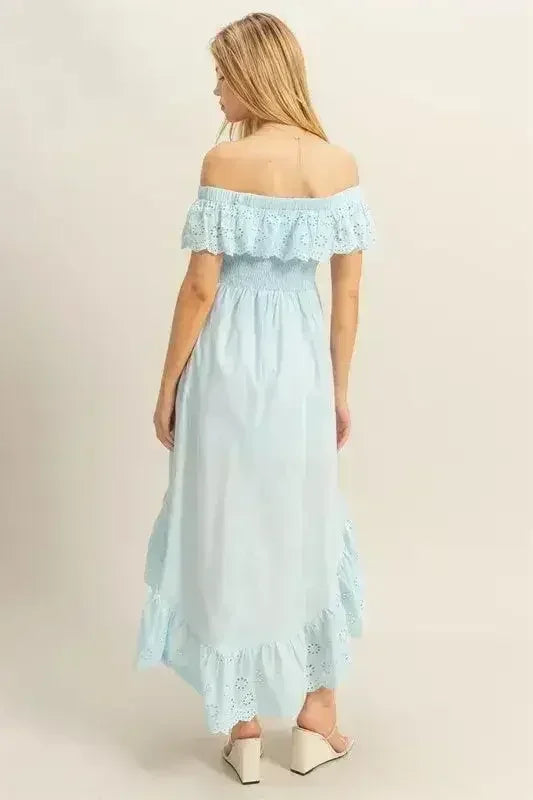 HYFVE Eyelet Off-Shoulder Dress – High-Low Ruffled Hem