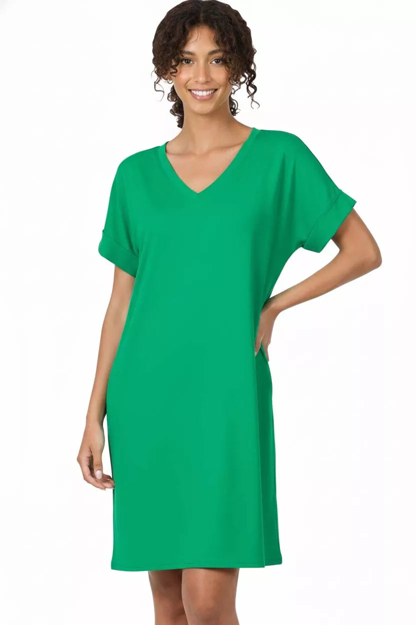 Brushed Dty Rolled Short Sleeve V-Neck Dress