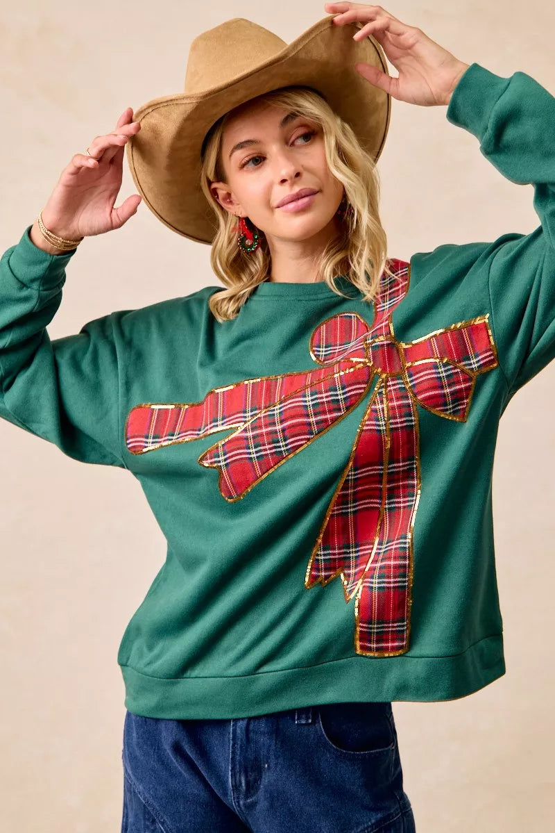 Plaid Ribbon Bow Detail Christmas Fleece Pullover